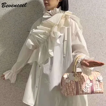 

Bevenccel 2020 Spring New Arrival Butterfly Sleeve High Neck Women Blouse Shirt Sexy Ruffle Belt Women Casual Blouse