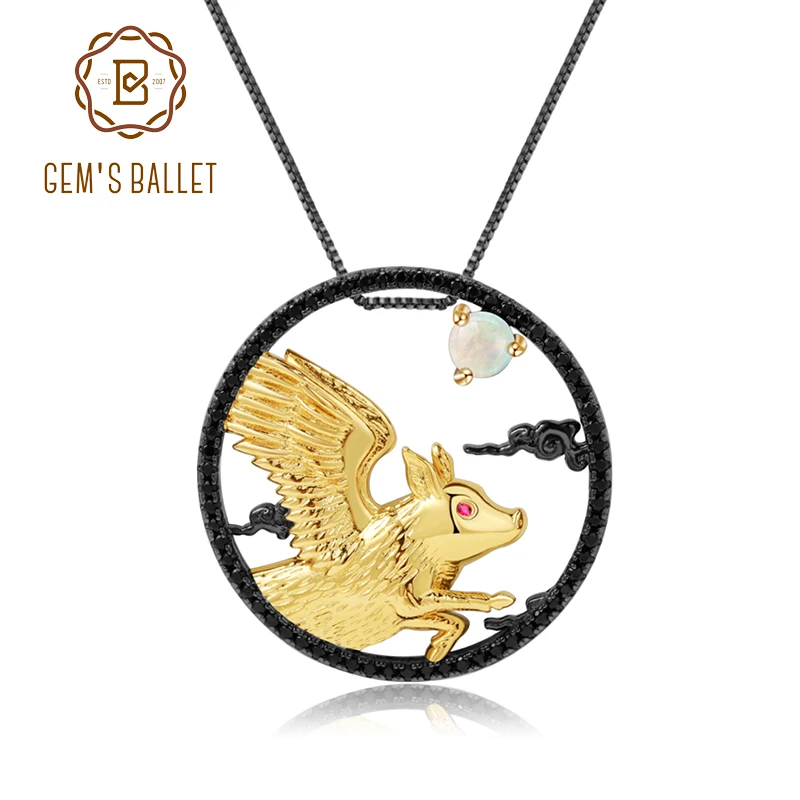 

GEM'S BALLET 925 Sterling Silver Natural African Opal Gemstone Pendant Necklace Pig 12 Chinese Zodiac Jewelry For Women