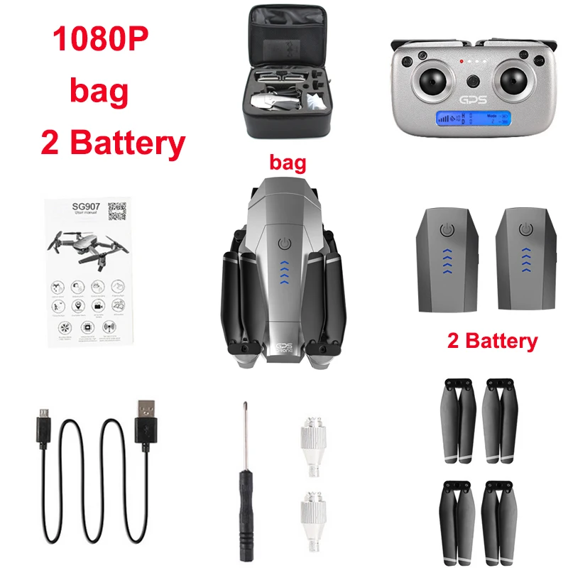 1080P-bag-2B 4k дроны SG907 gps Дрон с 4K HD двойной камерой широкоугольный 5G wifi FPV RC Квадрокоптер складной дроны - Цвет: 1080P-bag-2B