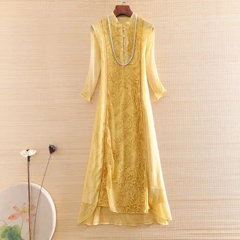 

High-end Summer Women Silk Cheongsam Dress Retro Elegant Embroidery 3/4 Sleeve Loose A-line Lady Party Qiapao Dress S-XXL