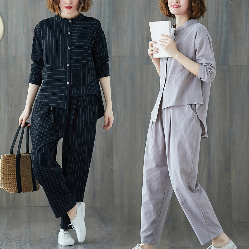 Casual Summer Striped Pants Suit Women Wild Cotton Linen Striped Shirt Harem Pant Two-piece Sets Casual Loose Suit Female Z546 blazer and pants set