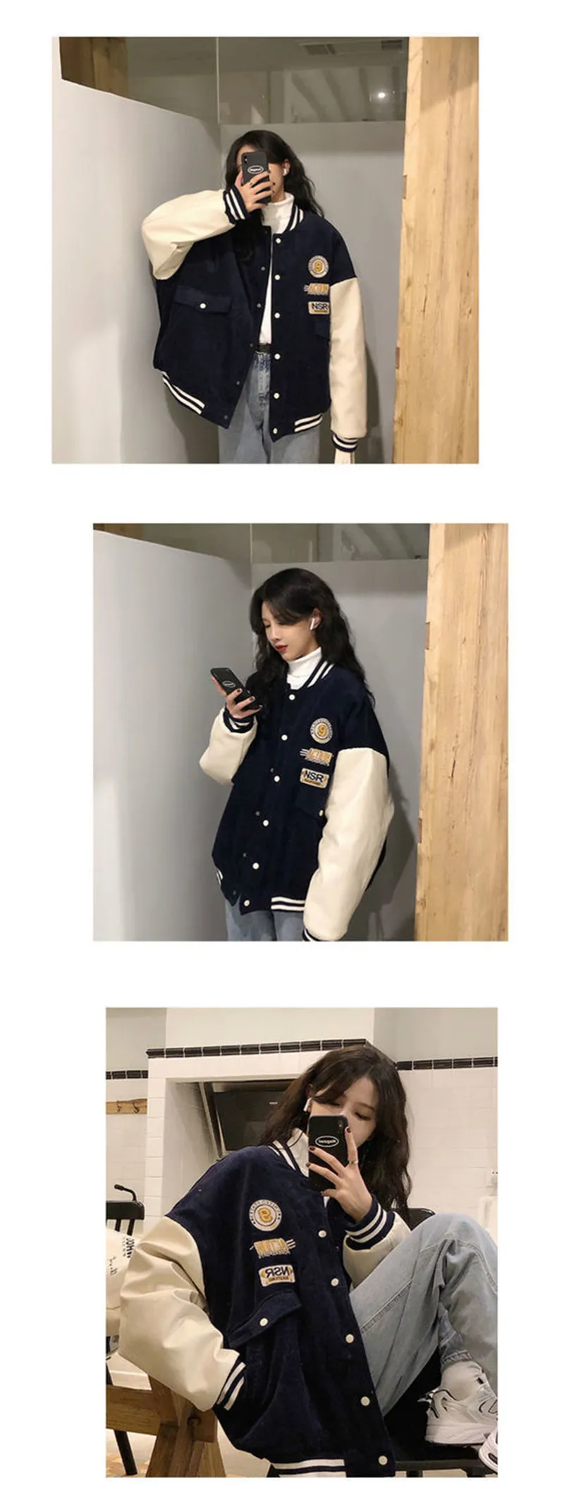 Contrasting Color Stitching Baseball Uniform Women Couple Students 2021 Spring Autumn New Retro Jacket Corduroy Coat Tide 31