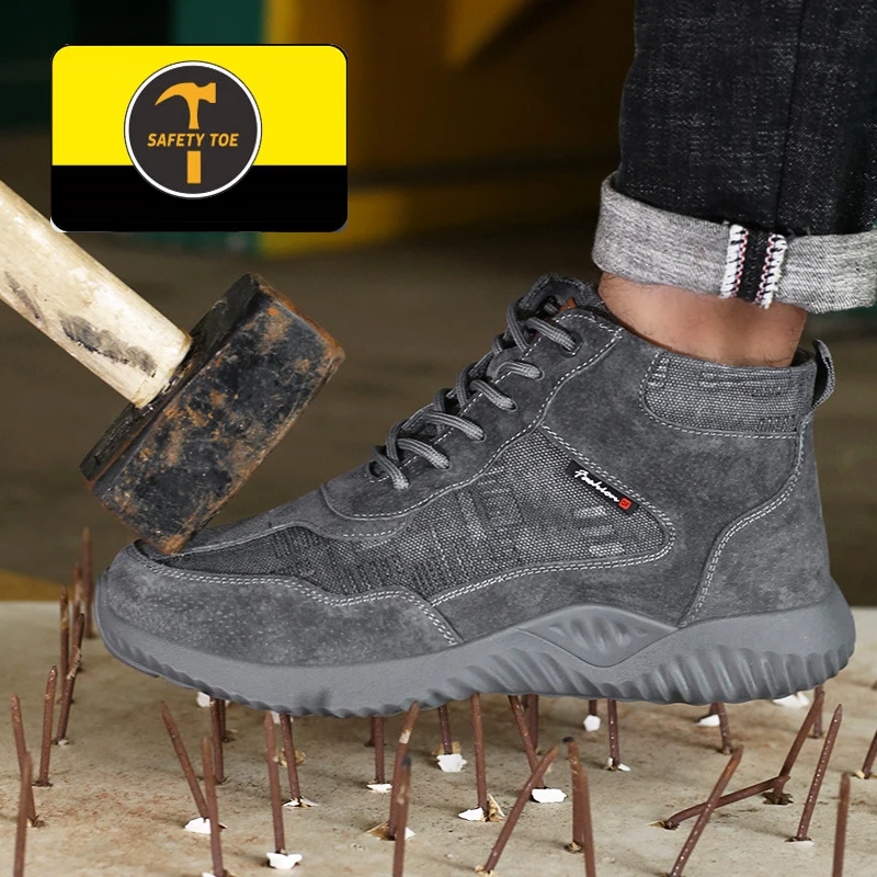 Mens High Top Breathable Shoes Steel Toe Anti-smash Protective Work Shoes Boots Puncture-proof Safety Shoes Spring And Autumn