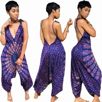 

Purple Sexy Folk Style Print Jumpsuit Backless Spaghetti Straps Playsuits Loose Wide Pants 2019 New Casual Rompers for Women