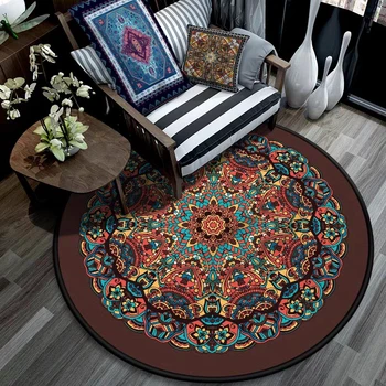 

Persian Style Round Carpets Living Room Retro Ethnic Geometric Bedroom Sofa Rug and Carpet Study Coffee Table Non-Slip Floor Mat