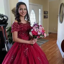 Темно-красные кружевные пышные платья Пышное Бальное платье с аппликацией из тюля с блестками и открытыми плечами 16 милых платьев Vestidos De 15 Anos