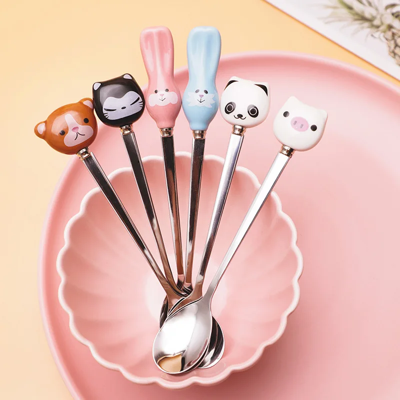 

Kawaii Cartoon Animals Rabbit Coffee Tea Spoon Stirring Spoon Kids Soup Stainless Steel Scoop Dinnerware Kitchen Accessories