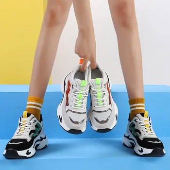 

Spring Fall New Chunky Sole Dad Shoes Casual Lace-Up Mixed-Color Breathable Sneakers Glitter Running Sports Thick Bottom 5cm