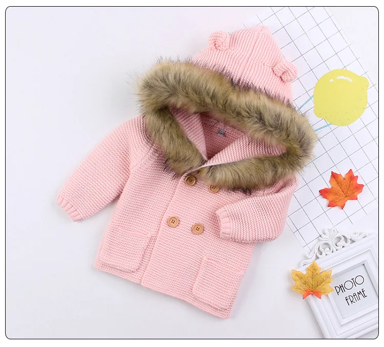 Свитера для маленьких мальчиков и девочек, пальто г. Осенне-зимние вязаные топы с длинными рукавами, двубортный свитер пальто с капюшоном для малышей от 0 до 24 месяцев