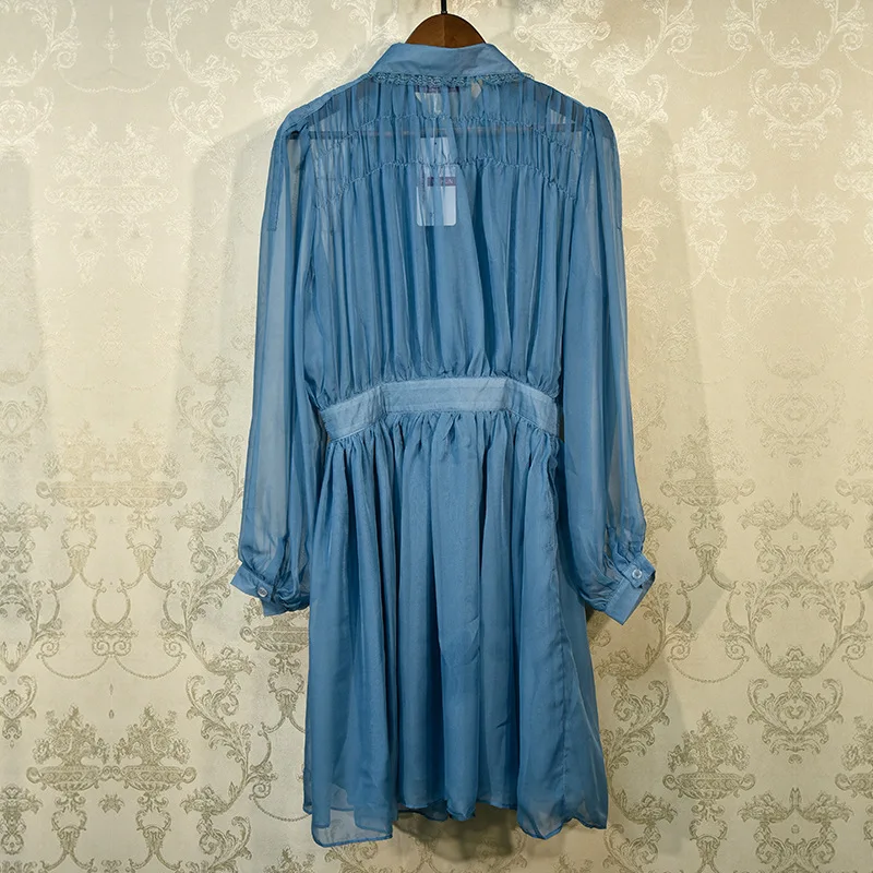 

Luxury Designer Brand Dress for Women Vintage Peter Pan Collar Blue Chiffon Embroidery Beading Party Formal Dress Vestidos