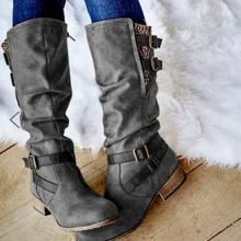 Женская прогулочная обувь до середины икры; винтажные Ботинки martin из искусственной кожи на низком каблуке; женская уличная обувь с пряжкой и ремешком; ковбойские сапоги для верховой езды