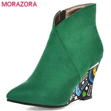 MORAZORA/ г., Новое поступление, женские ботильоны осенне-зимние ботинки из флока с граффити элегантные женские вечерние свадебные туфли на танкетке с молнией