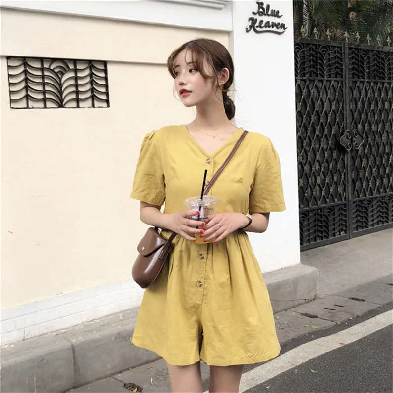 Lychee/Винтажные женские брюки с коротким рукавом, с v-образным вырезом, однотонные женские сиамские брюки выше колена, женские брюки