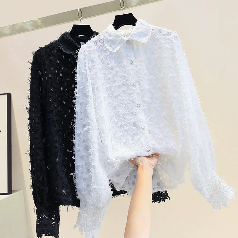 

Aristocratic Temperament Shirt Women's Spring Single Breasted Lace Crochet Furry Shirt White Blouse Ladies Tops Office Shirts