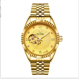 golden Автоматические механические часы TEVISE 8391A, мужские деловые полностью стальные и кожаные Наручные часы, мужские автоматические часы со скелетом - Цвет: golden