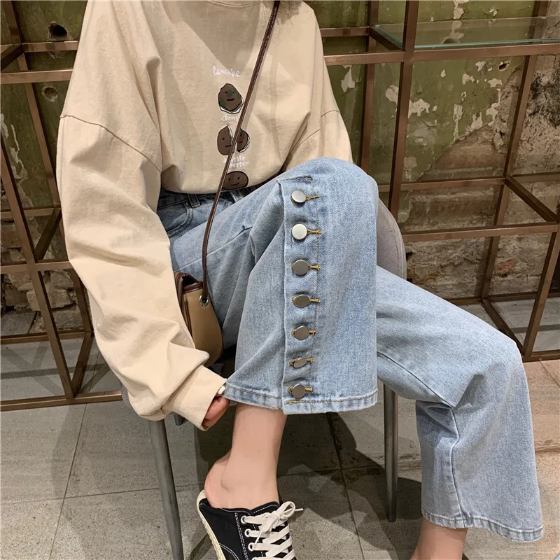 

High waist jeans female autumn 2019 new straight pants loose wide leg pants side buttons flared trousers blue jeans women