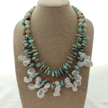 

Larimar Necklace 2 Rows White Keshi Pearl Amazonite Gems necklace 18"