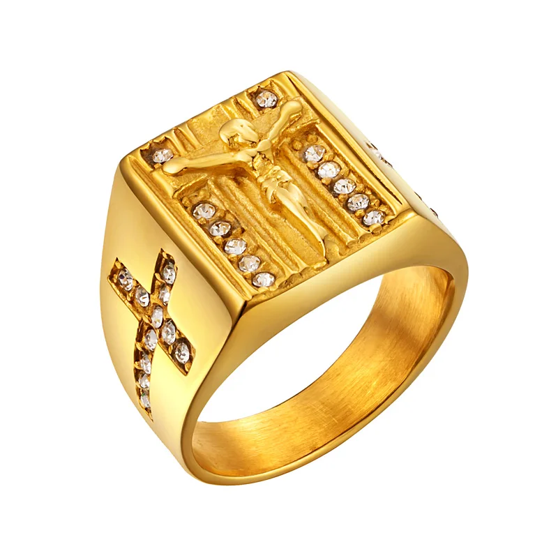 Valily White Cubic Zirconia Jesus Cross Ring for Men Gold Tone Stainless Steel Crucifix Male Jewelry Anel Aneis Masculinos | Украшения и