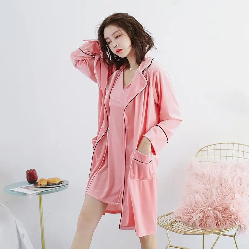 Женский халат высокого качества, комплект из 2 предметов, халат и ремень, костюм для сна, сексуальная зимняя женская теплая одежда для сна, однотонное кимоно, купальный костюм, Пижама - Цвет: Pink Robe Set