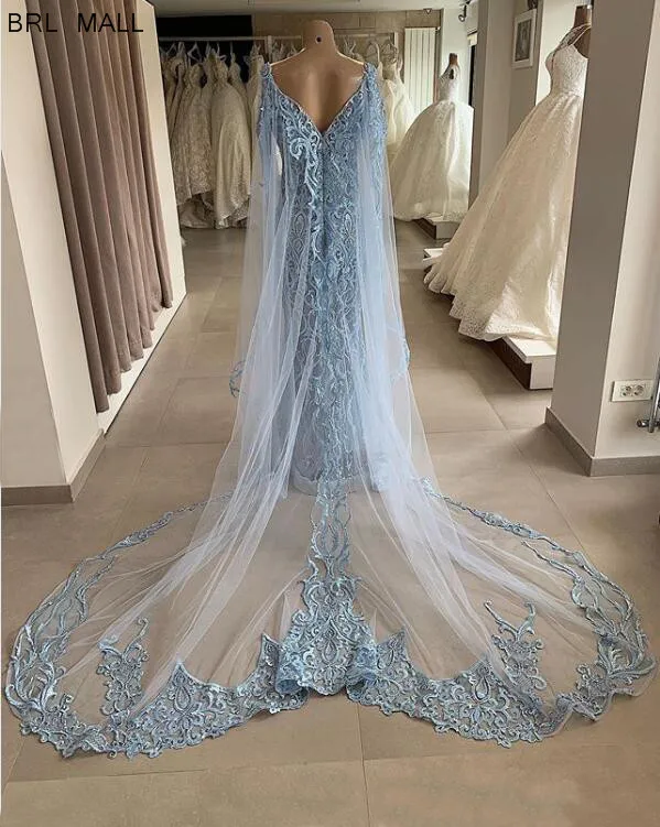 Robes de soireue, синие кружевные вечерние платья русалки с шалью, элегантное вечернее платье с v-образным вырезом, вечерние платья