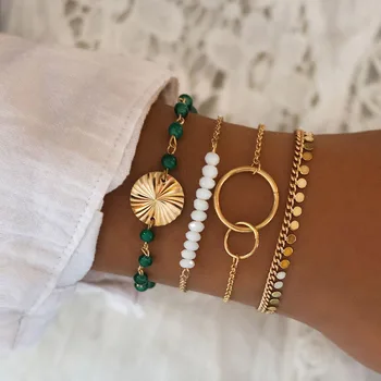 

4 Pcs/ Set Green Beads Chain Bracelets Set for Women Beads Strand Round Loop Charm Bracelets Women's Gold Link Chain Braclets
