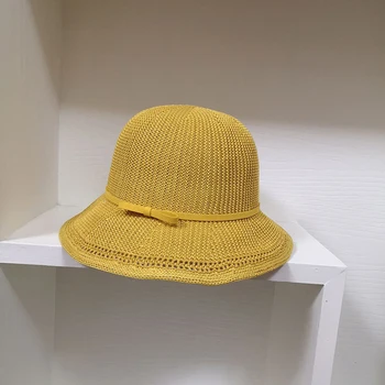 

Hat female wild literary temperament bow fisherman hat outdoor knitted basin hat thin sun hat