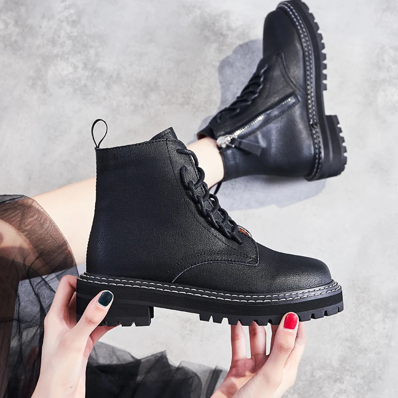 

Dumoo 2019 Fashion Martin Boots Genuine Leather Ankle Boots for Women Autumn/Winter Black Thick Heel 5CM Cow Leather Boot Shoes