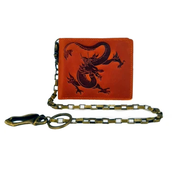 

Mens Cool Distressed RFID Genuine Cow Leather Dragon Chain Biker Trucker Wallet with Zipper Coins Pocket Purse Bifold Brown