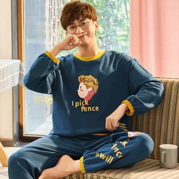 

New O-Neck Full Cotton Mens Autumn Long Sleeve Shorts Pajamas Set Big Size L-3XL Sleepwear Leisure Suits Nightwear Men Pijamas