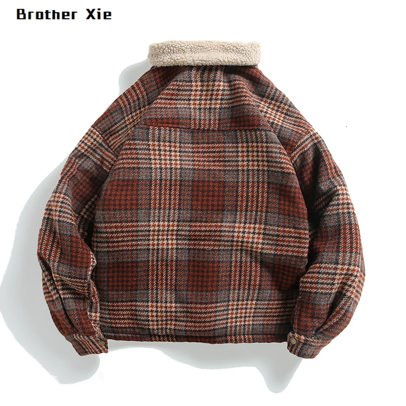 

Winter Lamb Hair Jacket Men's Warm Parka Men Fashion Retro Plaid Thick Coat Man Wild Loose Cotton Stand Collar Jacket Men