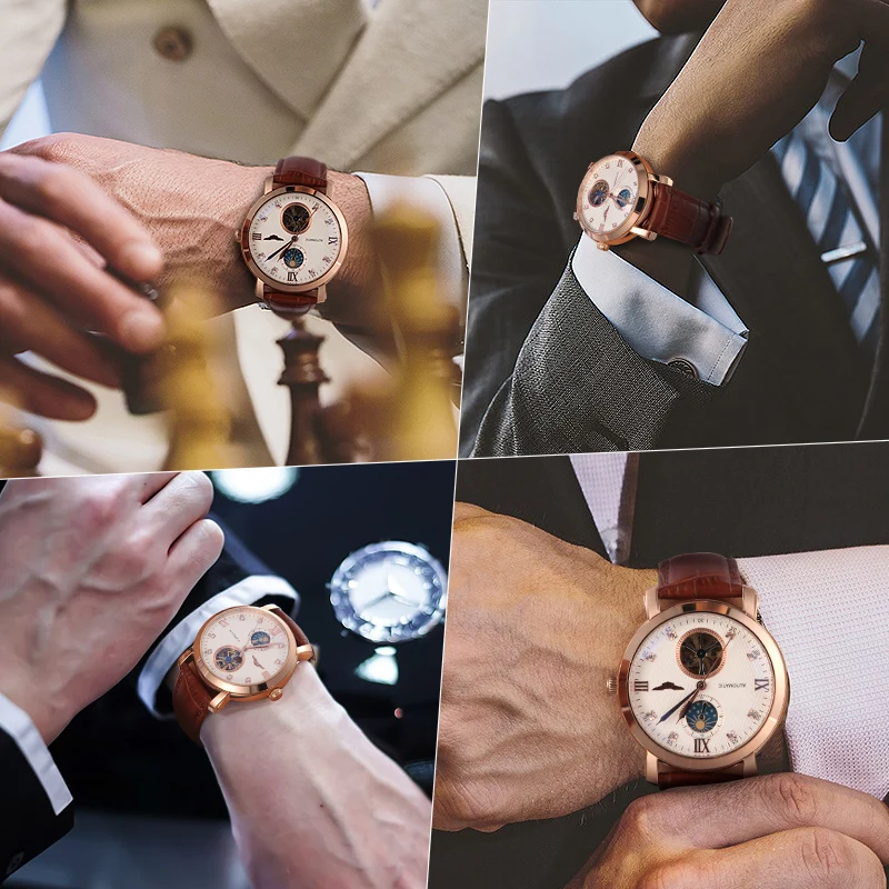 GUANQIN GJ16019 Moon phase Мужские наручные часы Tourbillon часы Sun& Moon военные часы мужские кожаные противоударные водонепроницаемые наручные часы