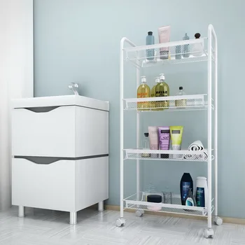 

Ivory White Exquisite Honeycomb Net Four Tiers Storage Cart with Hook for Kitchen Living Room Bathroom