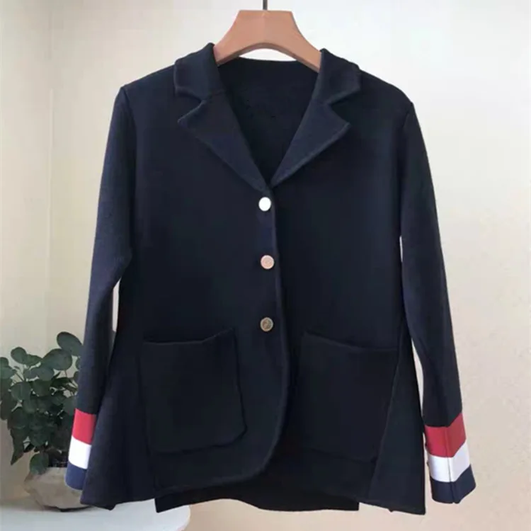 Women Knitted Cardigan Casual Solid Color Sweater Stripe Double Pockets Knitted Jacket