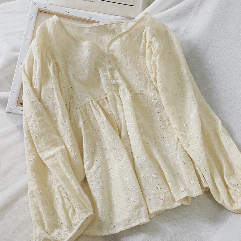 Coton and linen женская блузка, однотонная повседневная с круглым вырезом, с рукавами-фонариками, свободного кроя, с оборками, женские элегантные рубашки, верхняя одежда, топы - Цвет: beige