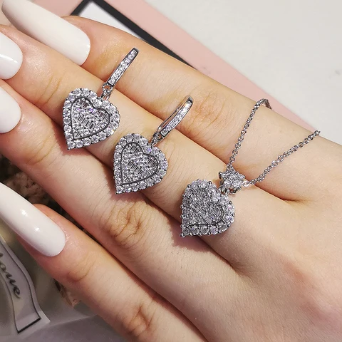 Pack 2022 New Fashion Heart silver color bride Ring Stud Necklace Set For Women Anniversary Gift Jewelry Wholesale J6371
