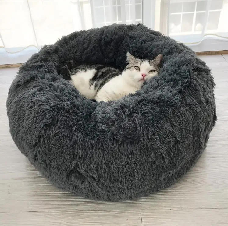 Зимний теплый длинный плюшевый супер мягкий собачий Кот круглая кровать питомник круглая собака глубокая спальная кровать для маленьких собак кошек