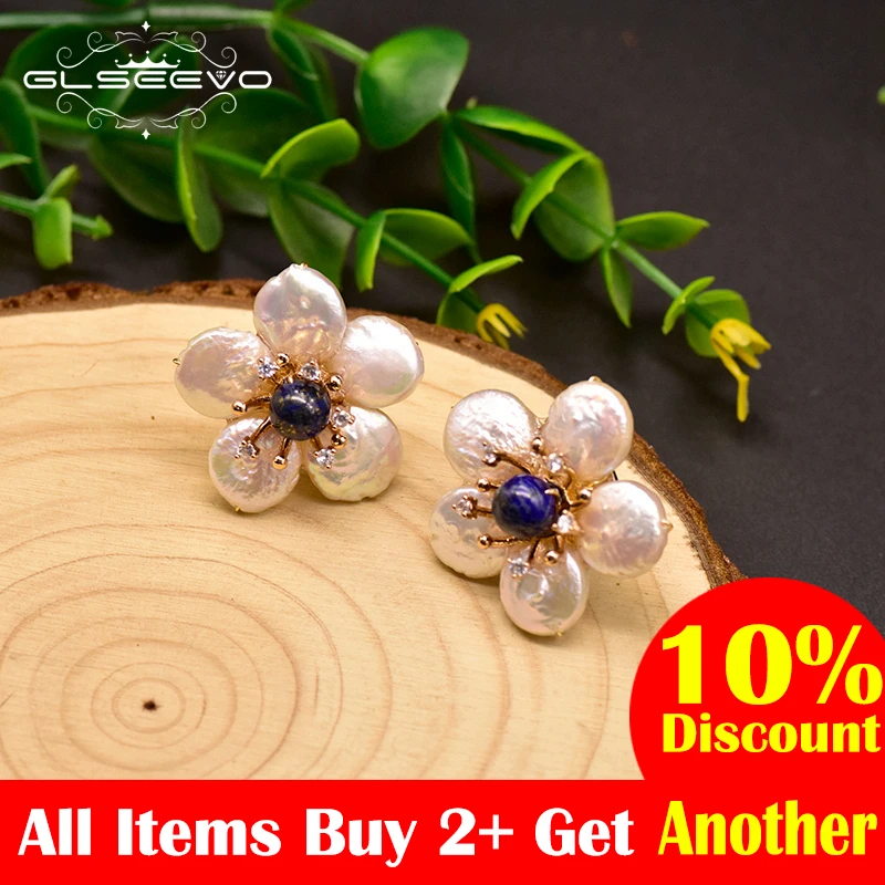 

GLSEEVO Natural Fresh Water Baroque Pearl Lapis Lazuli Flower 925 Sterling Silver Stud Earring For Women Fine Jewellery GE0598