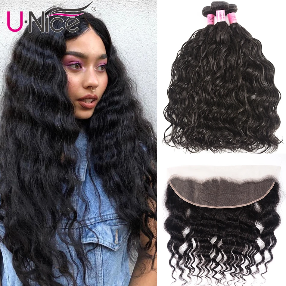 Unice Hair Brazilian Natural Wave 13x4 Lace Frontal Closure With 3/4 PCS Human Hair Extensions Brazilian Hair Weave Bundles