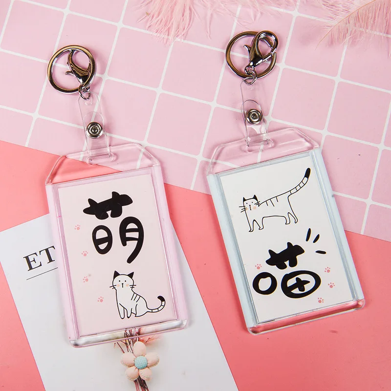 

Fashion Cute Cat id badge holder Card Set Semi-transparent Keychain Campus Card Office Work Card Set retractable badge holder