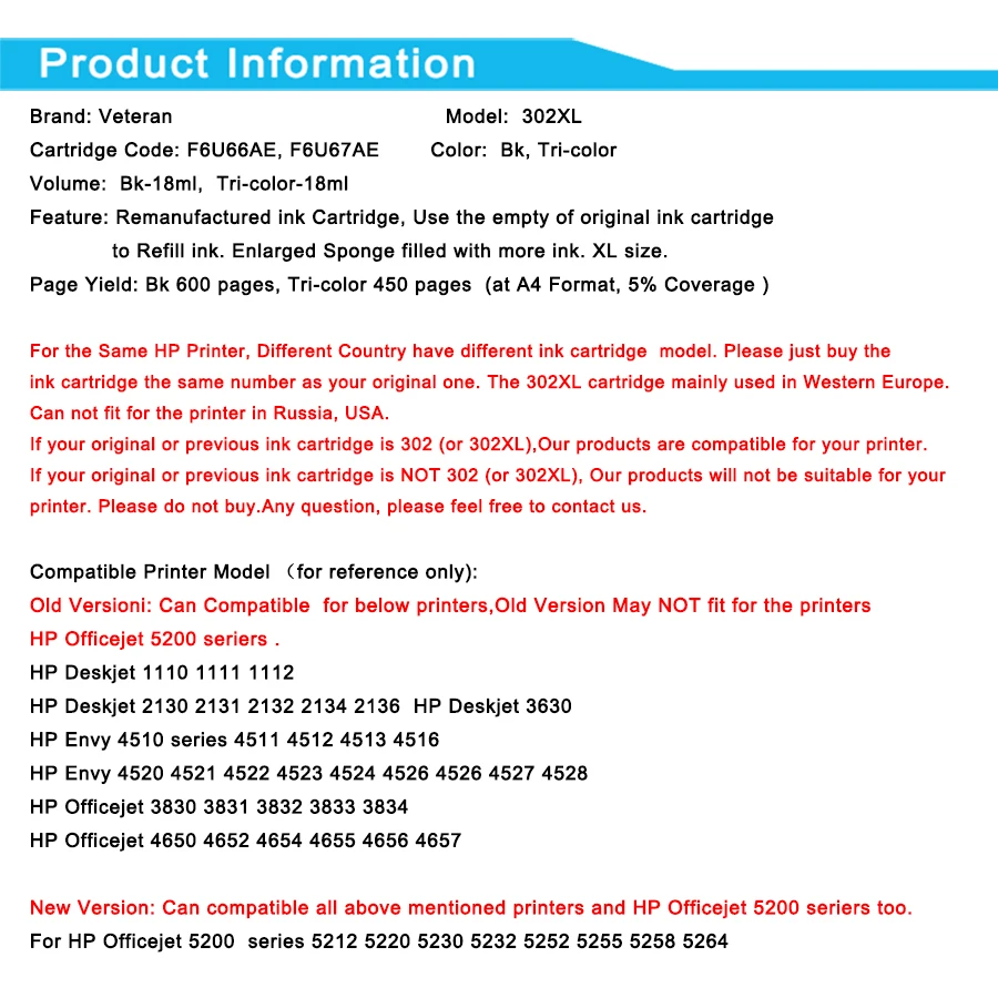 Ветеран 302XL картридж для hp 302 XL hp302 чернильный Deskjet 1110 1111 1112 2130 OfficeJet 3830 3831 3833 4652