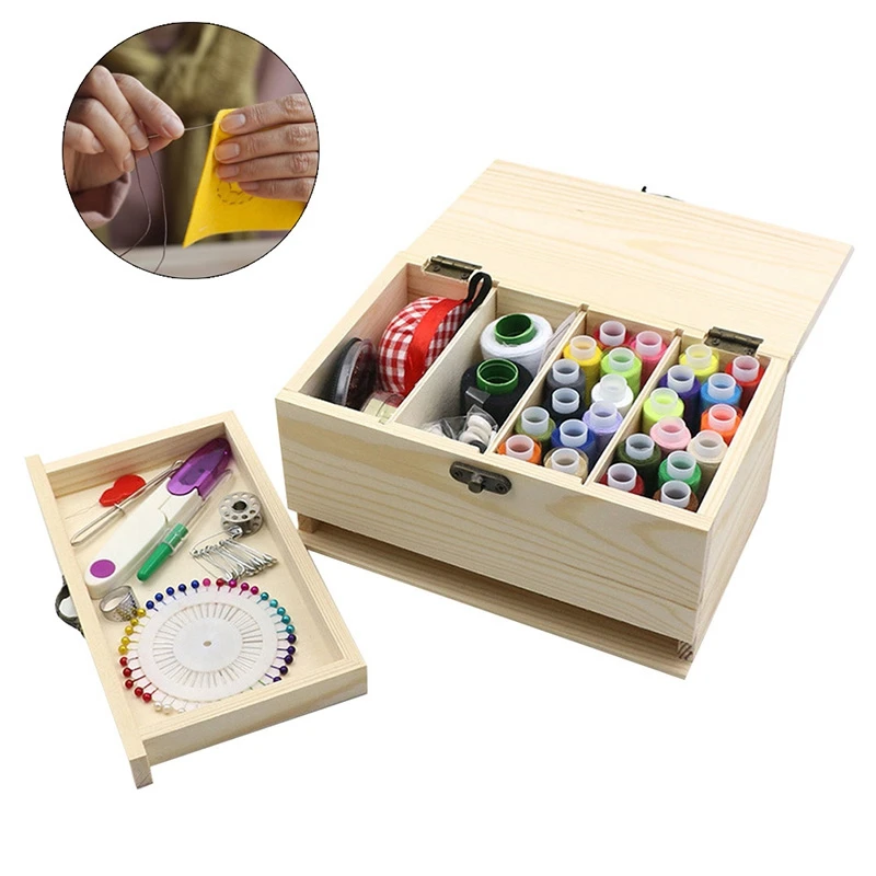Портативная швейная коробка с верхним замком, игла, инструмент для шитья, нитки для шитья, набор для шитья, деревянная коробка для шитья, ручная работа