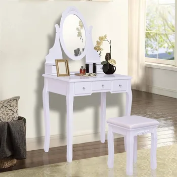 

Mirrored Jewelry Wooden Vanity Table Set with 5 Drawers High Quality Elegant White Appearance Sturdy Durable Dressers HW55564