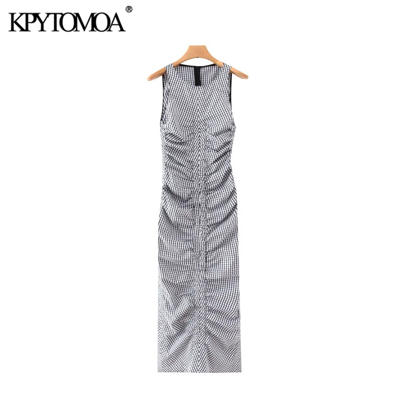 KPYTOMOA Women 2020 Chic Fashion Plaid Pleated Midi Dress Vintage O Neck Sleeveless Back Zipper Vents Female Dresses Mujer KPYTOMOA Women 2020 Chic Fashion Plaid Pleated Midi Dress Vintage O Neck Sleeveless Back Zipper Vents Female Dresses Mujer