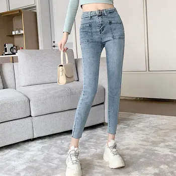 

Jeans women 2020 spring Korean version of the wild Slim was thin high waist nine points small feet pencil pants with belt
