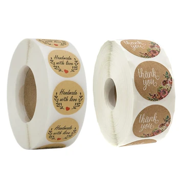 

500x Kraft Floral Thank You Stickers 1 Inch Circle Labels & 500x with Love Stickers Adhesive Sticker Kraft Round Labels