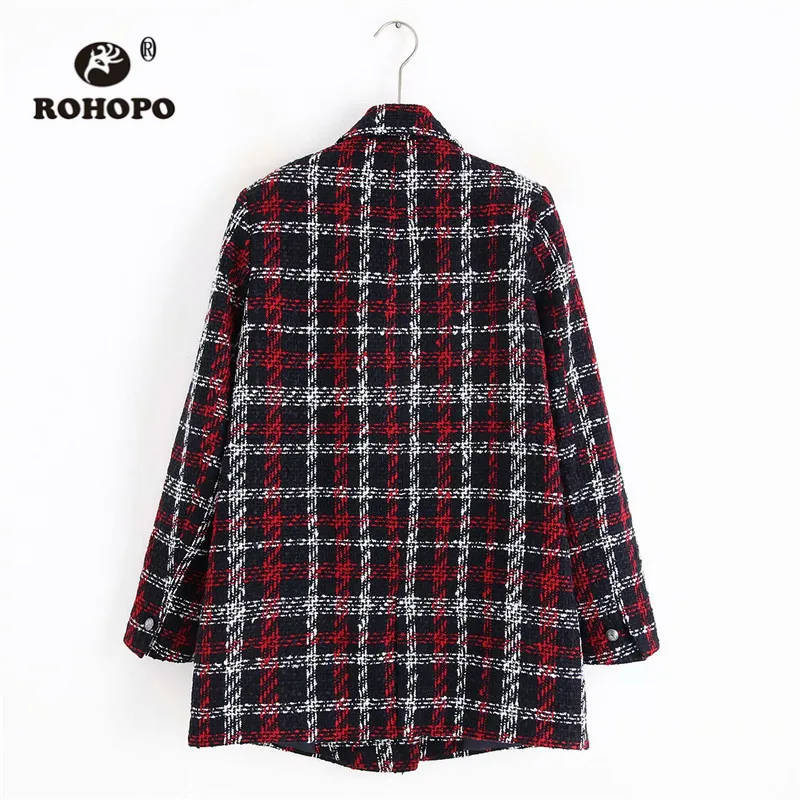 ROHOPO зазубренный воротник твидовый плед двойные пуговицы Блейзер белый красный