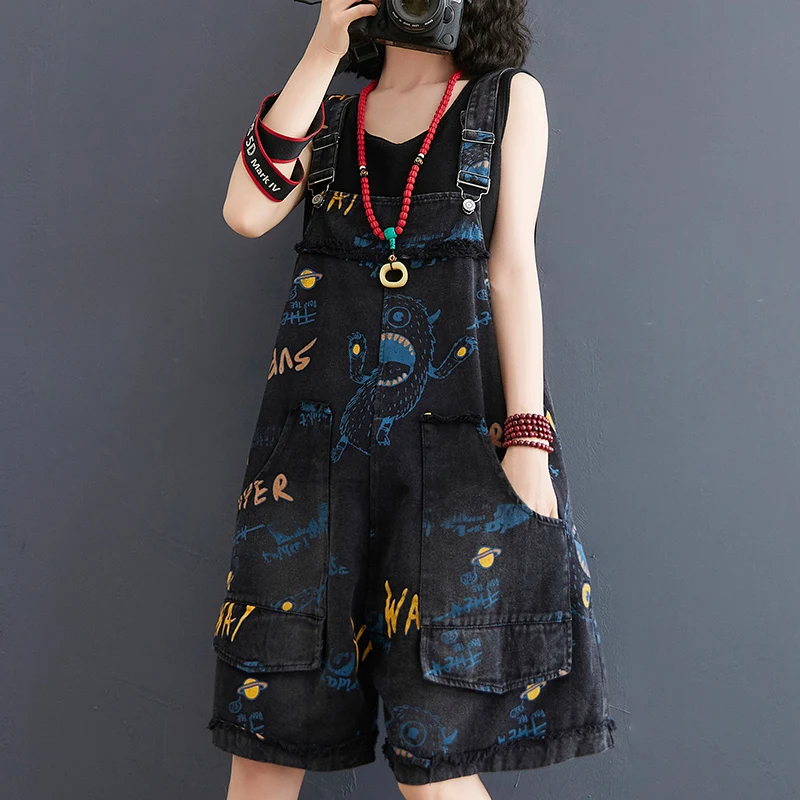 #1417 Black Red Denim Playsuits Women Loose Wide Leg Vintage Playsuits Ladies Big Pockets Printed Overalls For Women Summer 2023