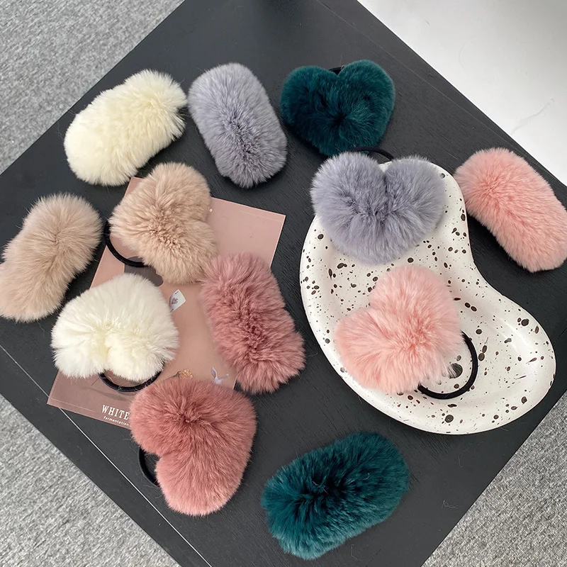 

Autumn and Winter Children Cute Faux Fur Heart Scrunchies Rubber Bands Hairpins Girls Sweet Soft Hair Clips Kid Hair Accessories