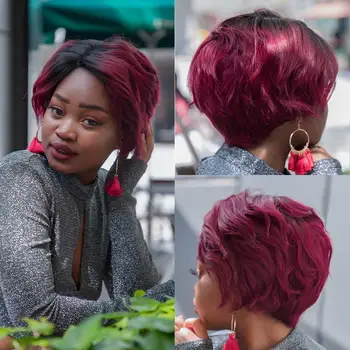 

Ombre Burgundy Wavy Human Hair Wigs Lace Front Wavy Wig Short Brazilian Human Hair Wig Pixie Cut Cheap Wigs With Free Shipping