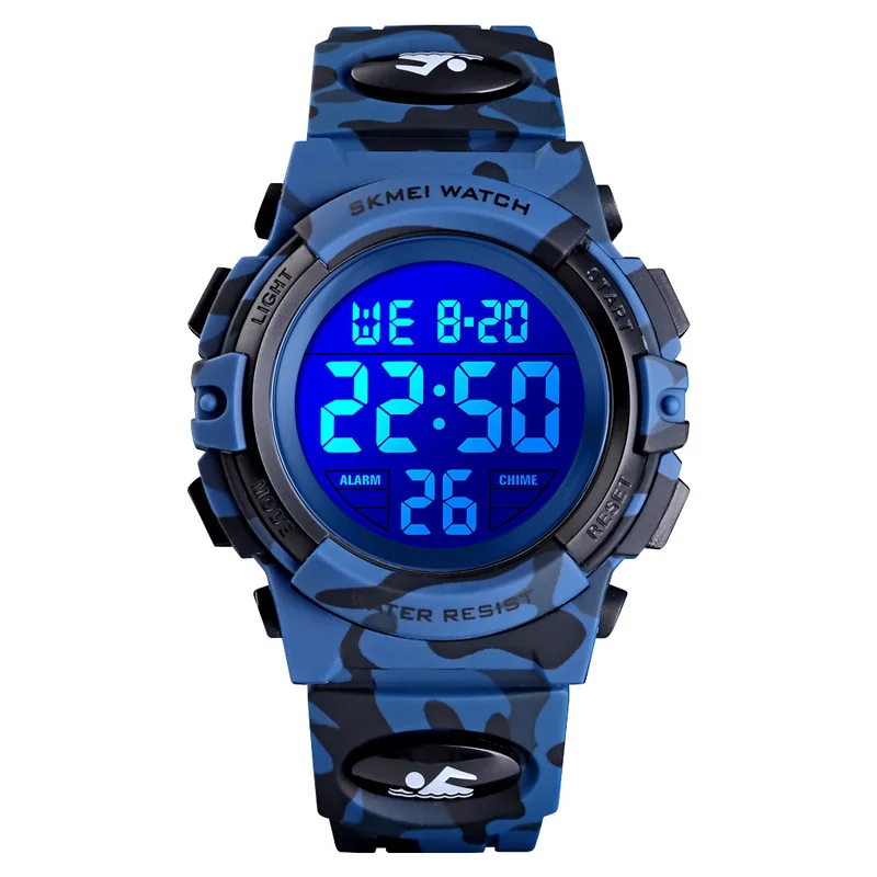 Sports Casual Students Electronic Watch Children Waterproof Camouflage LED Luminous Watch for Kids Boys LL@17 - Color: Dark blue